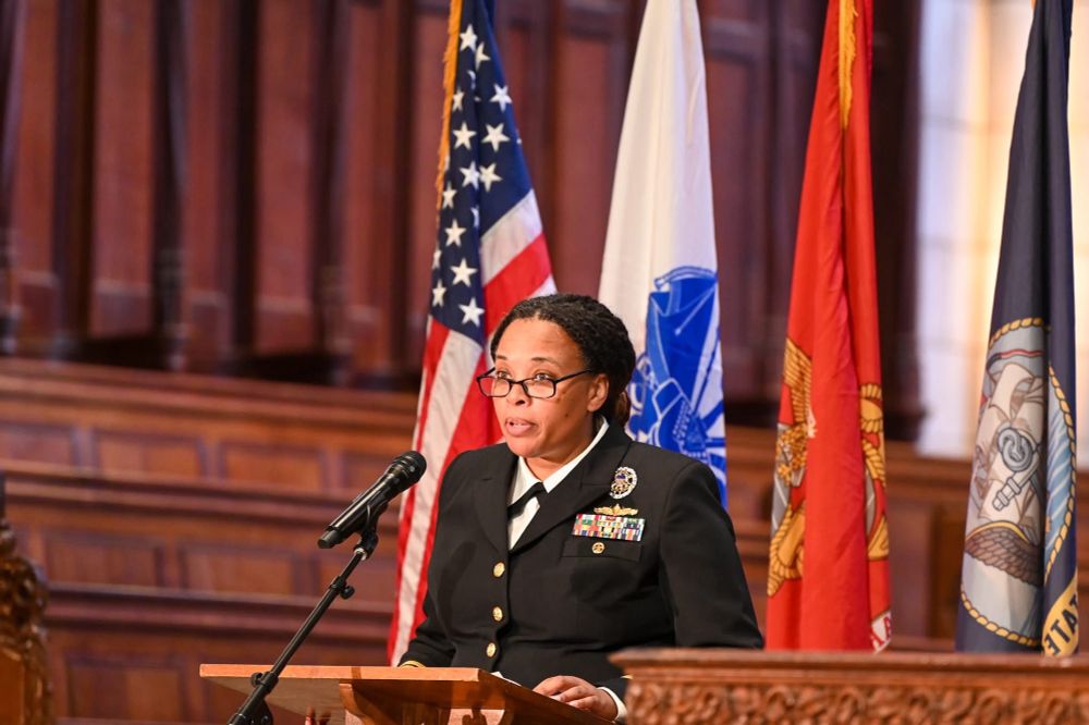Close-up of Captain Jones at the podium