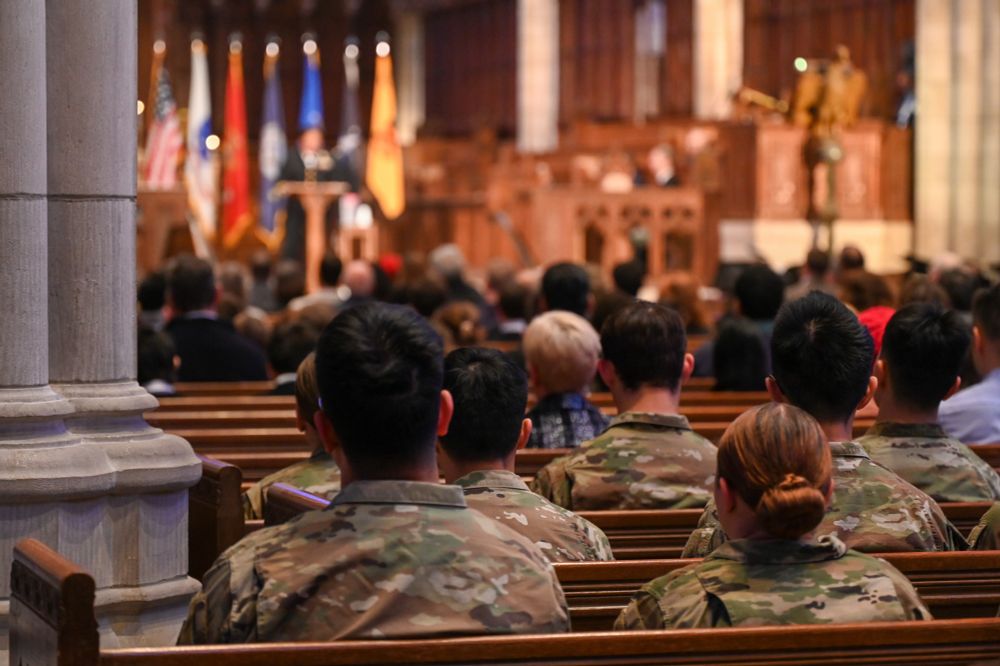 ROTC members watch the ceremony at the Chapel
