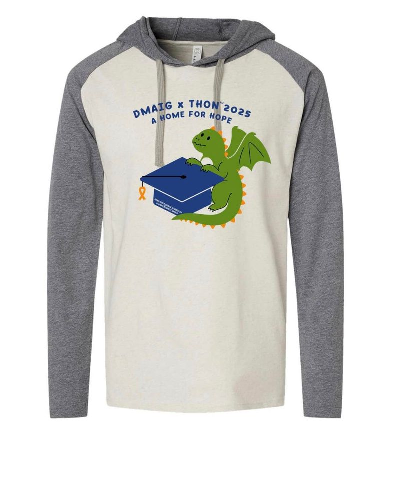 A sweatshirt with a dragon leaning on a mortarboard and the words "DMAIG x THON 2025, a home for hope"
