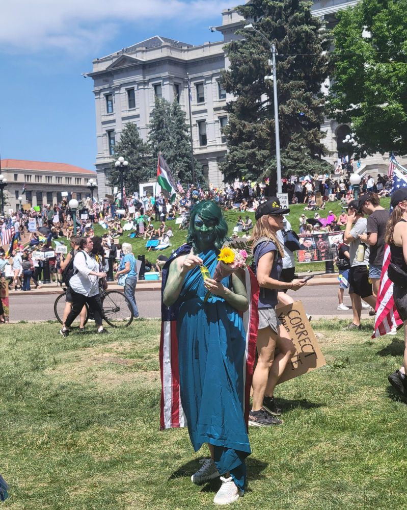 Protester dressed as the Statue of Liberty, holding flowers. Crowds and Capitol in background.