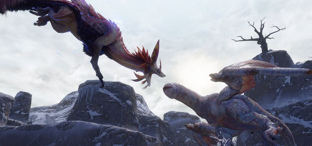 In-gamae photograph of Mizutsune leaping at a Khezu taken from their sides. Khezu is looking especially phallic here. 