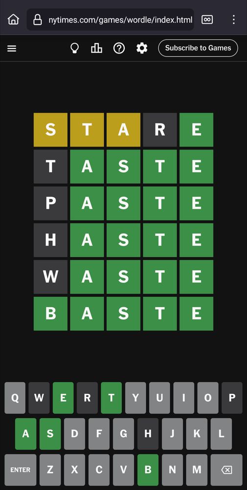 Today's Wordle from the New York Times. You get 6 guesses to guess a 5-letter word. Starting with the 2nd guess, it's clear that the word is _ASTE. The correct answer, BASTE, is guess 6, after more common words have been guessed: TASTE, PASTE, HASTE, and WASTE.