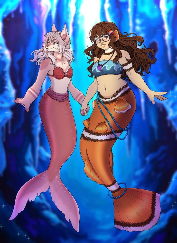 Pictured are Lana and Maya in their mermaid forms, exploring a beautiful crystal cave. From @dariakonnova.bsky.social #Furry #FurryArt #mermaid