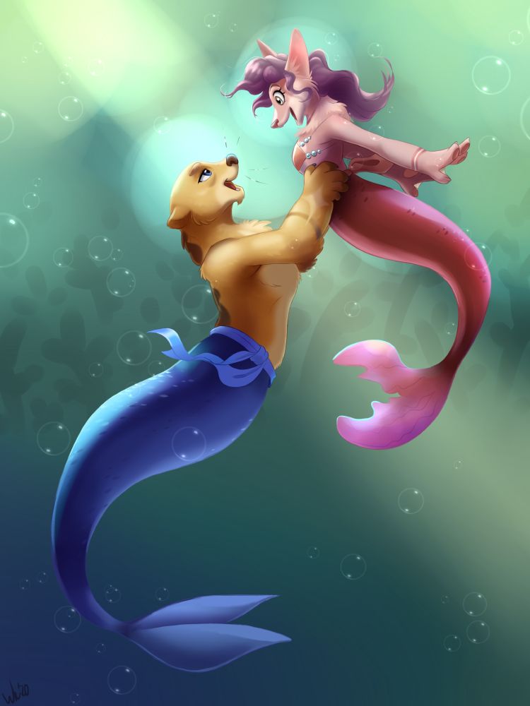 From @Elke on FA. Pictured are Val & Lana in their merfolk forms. Val is "lifting up" Lana, but which way is UP underwater?