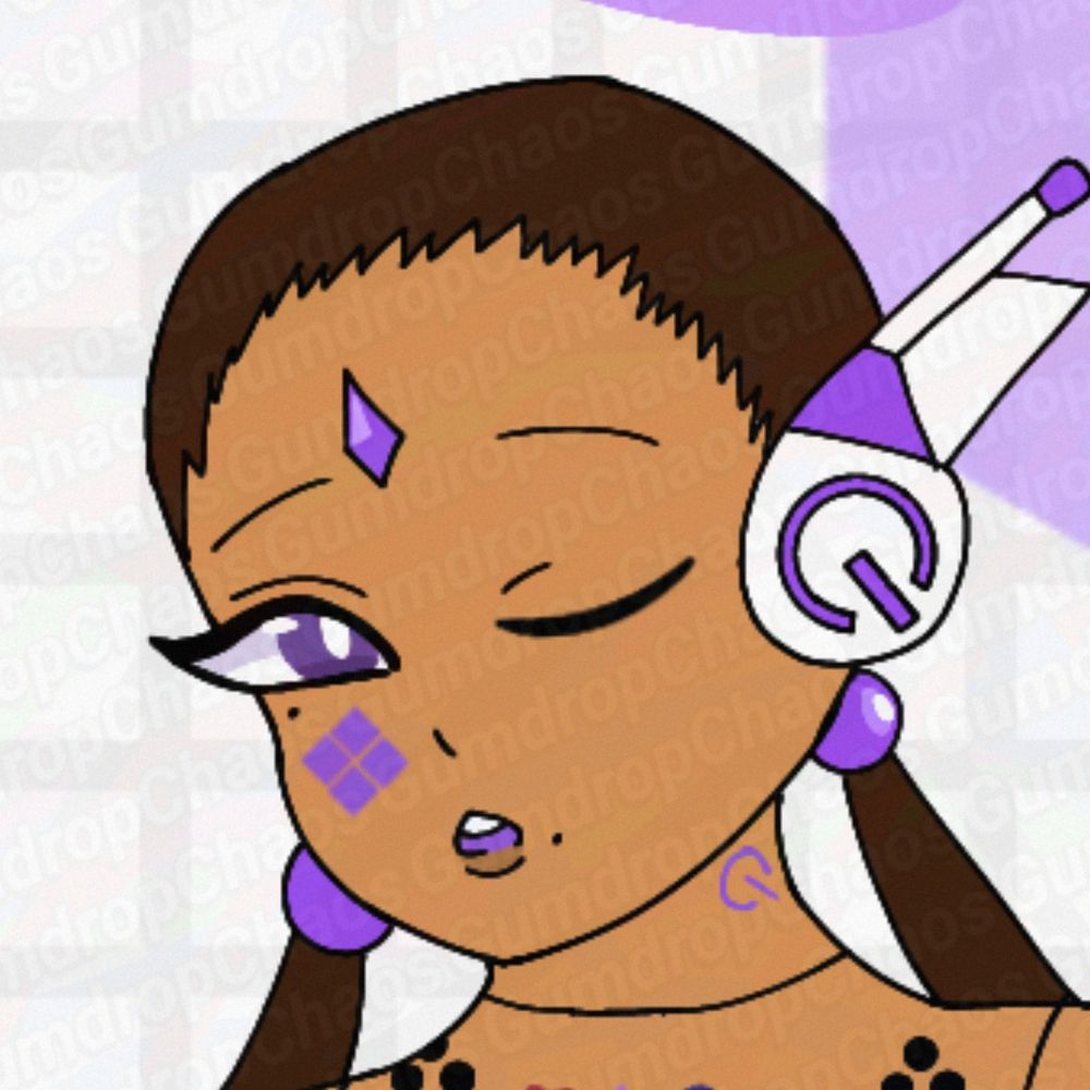 A headshot of my sona, Unit 05080.19 aka "Gumcha", a tan skinned, feminine robot girl with purple eyes and dark brown hair.