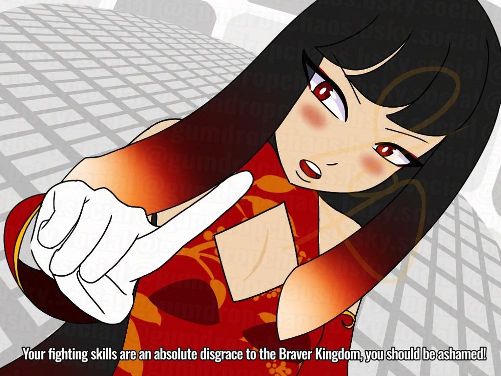 A digital drawing of a light-skinned, flat-chested woman with red eyes, dark hair that fades to a red at her hair tips, as well as red-colored cosmetic blush. The woman has a moderately angry expression, and she is scolding the viewer. 

She is wearing a red cheongsam/qipao with a plant-like, gold-colored pattern for its design, the cheongsam itself is sleeveless, and the off-shoulder sleeves are simply red with a golden rim. She also wears a white glove, and is pointing at the viewer.

The woman is located in a white, grid-like space, with the floor being a grey grid. And the backdrop of the place itself is white, with monochromatic squares serving as a pattern.

The text at the bottom reads: “Your fighting skills are an absolute disgrace to the Braver Kingdom, you should be ashamed!”