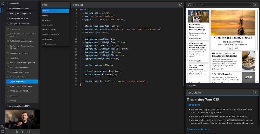 A screenshot of the interactive learning app showing 4k video teaching, interactive code, reference and notes, and a portion of the course's table of contents.