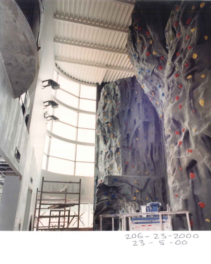 The Sportspark climbing wall nearly finished in its construction. You can see scaffolding in the background.