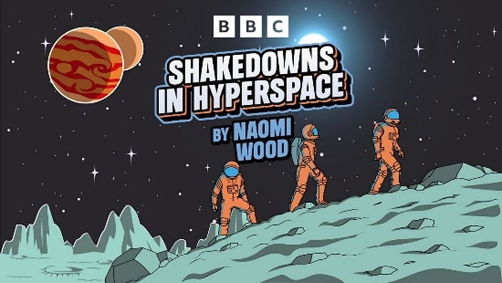 BBC graphic titled 'Shakedowns in Hyperspace' by Naomi Wood, featuring three astronauts walking on a rocky, moon-like surface, with a large planet in the background.