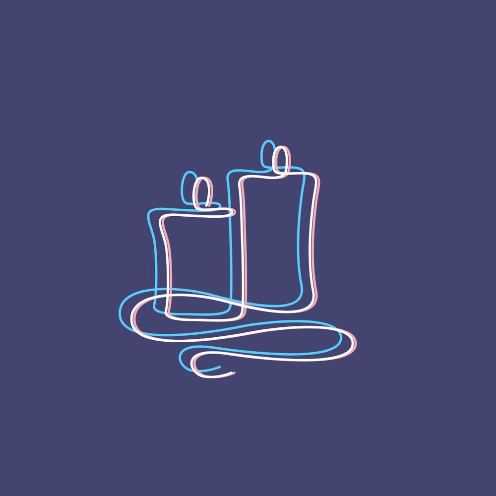 Neon line art of two candles with flames, on a purple background.