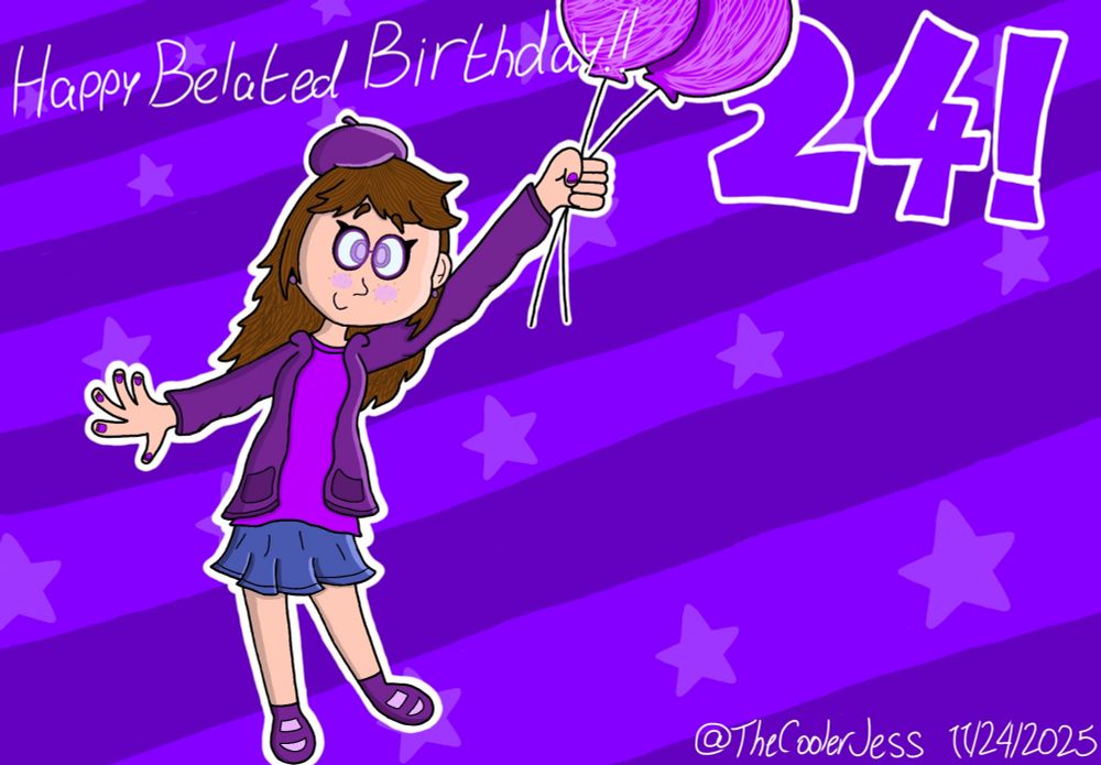 Natalie's sona as the main center piece floating as she holds two balloons and is looking happy

Text around her say "Happy Belated Birthday!!" and "24!"