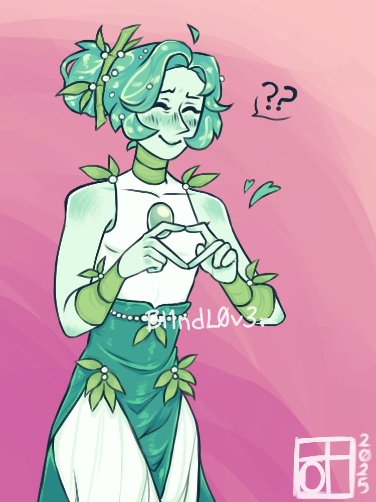 A digital drawing of an original character, Bamboo Pearl, looking a little confused and flustered as he makes a heart with his fingers. 