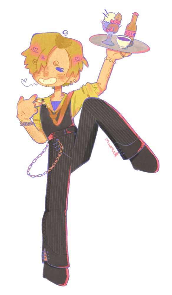 Fanart of Sanji from One Piece. It’s a redesign of his post-timeskip outfit.
He wears a yellow shirt with notch collar, the sleeves rolled up for convenience. Underneath is a pinstripe blue undershirt peeking out between the collar and a loose brown tie thrown over his left shoulder to resemble a sailor’s uniform. Over the shirt he wears a black vest. The pants are black pinstriped flared sailor pants with pankou knots instead of the usual button closures. Attached to his right side is a silver wallet chain. Sanji also wears two earrings in each ear, a small silver hoop and a pearl stud; as well as a metal bracelet resembling a braid on his right wrist, a pearl bracelet on his left one, and multiple silver rings on both hands.
He’s posed like he’s readying himself to kick someone not seen (likely zoro), left leg raised, but his head and upper body is turned to his right, and he wears a wide smile on his face and cigarette smoke forms a small heart (likely looking to nami or robin). His right arm is tucked in close to him holding the cigarette between his fingers, and the left one holds a metal tray with an ice cream sunday, cola, and a tea cup aloft out of the way of his kicking leg.