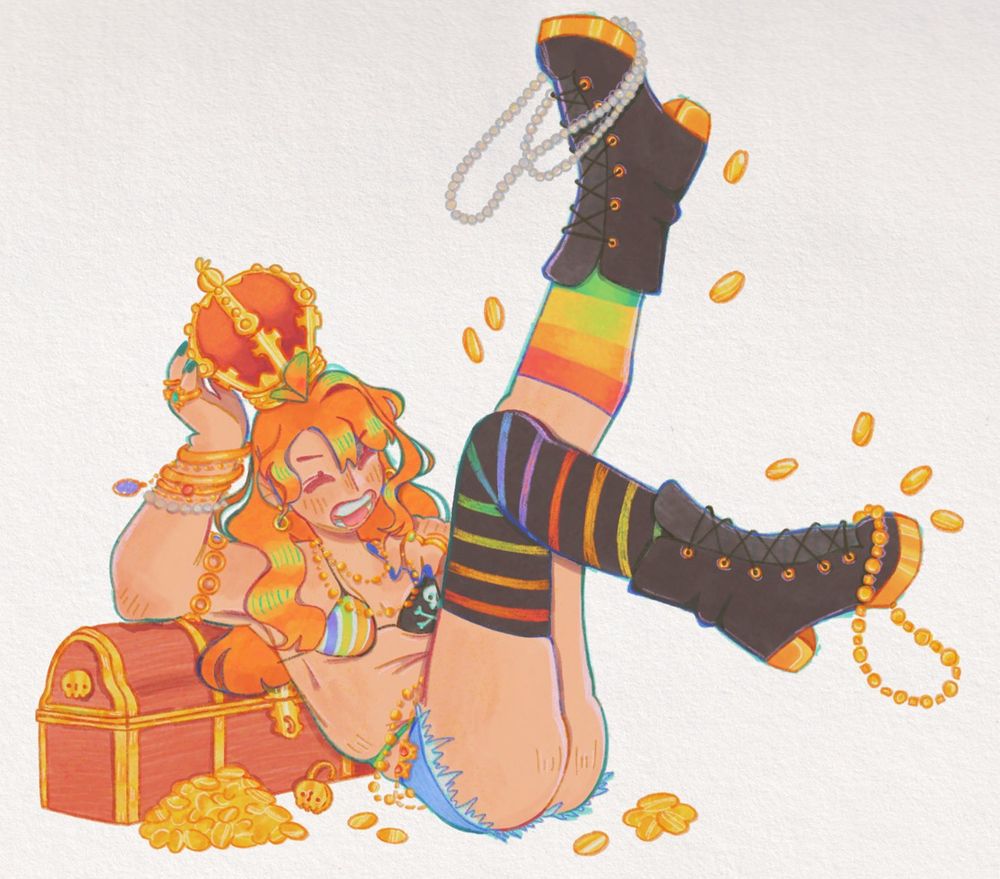 Fanart of Nami from One Piece. She sits on the floor with her back against a treasure chest, both legs elevated with the right one bent at the knee, as she tries to balance a large crown on her head with her right hand. She wears her outfit from chapter 1000’s color spread: a bikini top with a rainbow striped pattern on one cup and a black jolly roger design on the other, light blue denim short-shorts, various gold bracelets on her right wrist, a gold necklace, 2 gold chains draped across her waist. Included are also various gold rings & an arm cuff, a black thigh high sock with rainbow stripes, a rainbow striped knee high sock, and black heeled combat boots with golden heels. Dangling from her elevated feet are gold chains and pearl necklaces, and scattered piles of gold coins she’s kicked around. She also has a wide open smile, very excited about the loot her crew has collected.