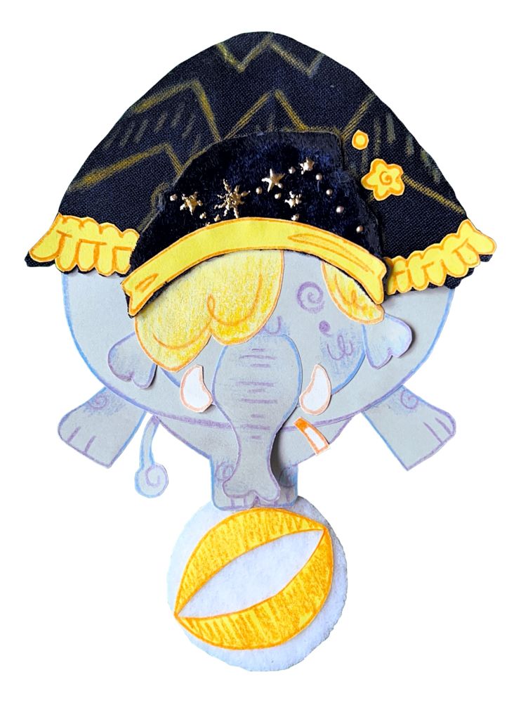 a collage artwork of sanji’s appearance in the one piece spinoff manga, straw hat theatre, as zousan. it’s a round cartoony elephant with a body made of paper, a droopy cap made with star patterned velvet, and a blanket on its back made from dark blue fabric. zousan balances its front legs precariously on a ball, made of white felt and paper.