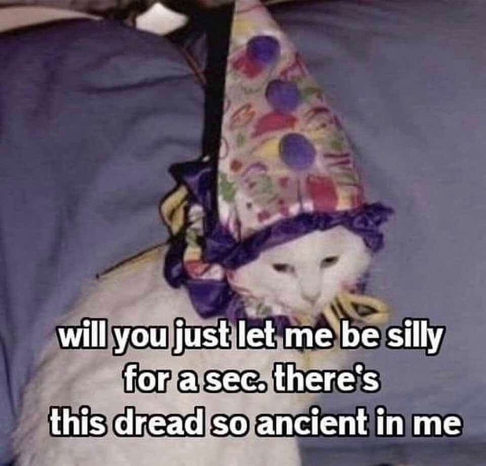 A white cat wearing a purple and white wizard's hat with text that reads: "will you just let me be silly for a sec. There's this dread so ancient in me."