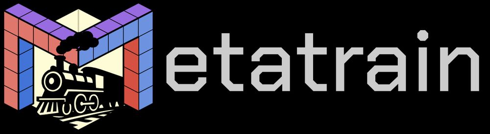 Logo for the metatrain project, featuring a locomotive coming out from behind a blocky M letter
