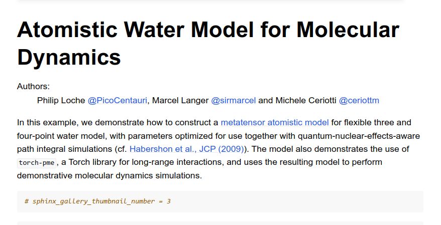 Header of the webpage showing the title ("Atomistic Water model for MD") and the authors (Philip Loche, Marcel Langer, Michele Ceriotti)