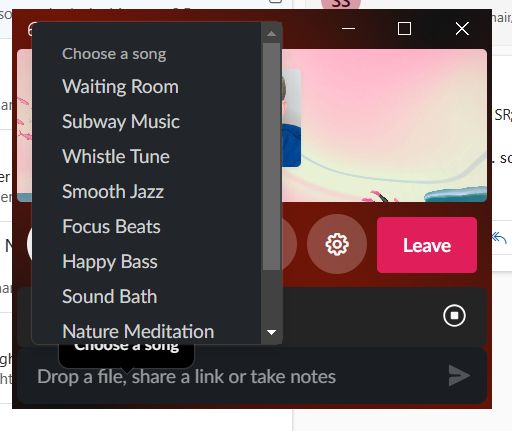 Screen cap of a Slack Huddle with available drop-down options for music to enjoy after other callers have left. Options include Waiting Room, Subway Music, Whistle Tune, Focus Beats, Happy Bass, Sound Bath, Nature Meditation and the default, Smooth Jazz