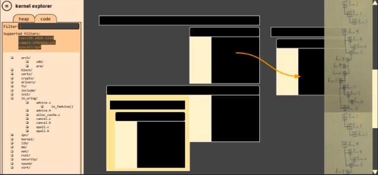 Mock of kernel explorer, with boxes and arrows representing different parts of code and a nav bar with tabs.