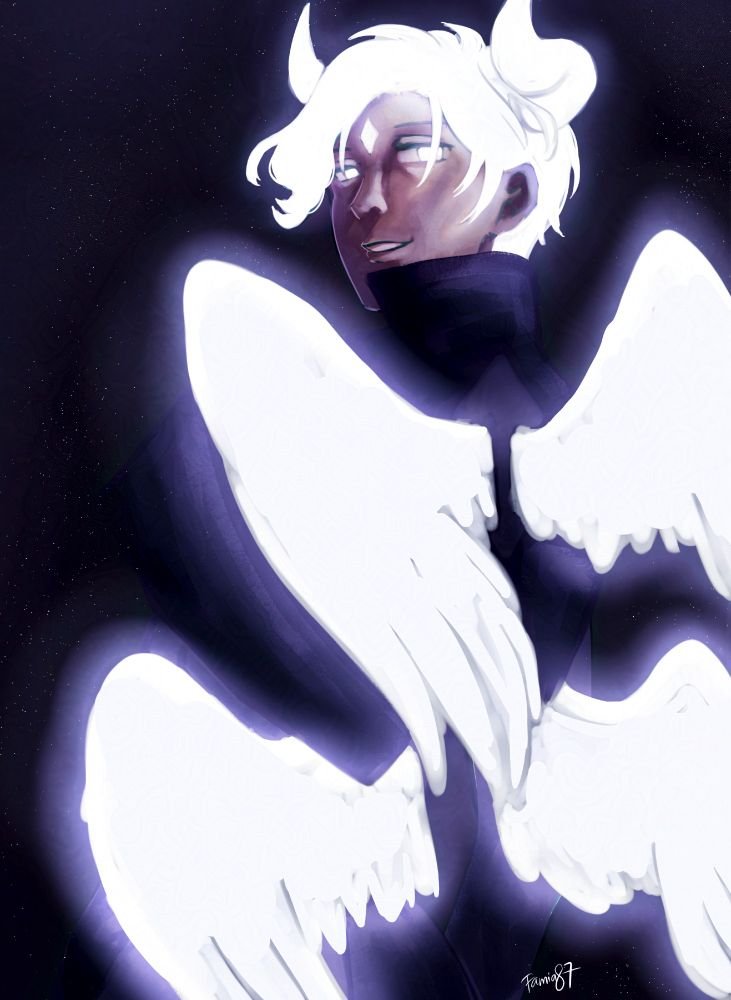 A demon with glowing white hair, horns, eyes, and 2 pairs of wings, with his back facing the viewer. he has a smile on his face. the background is a void with tiny white dots.