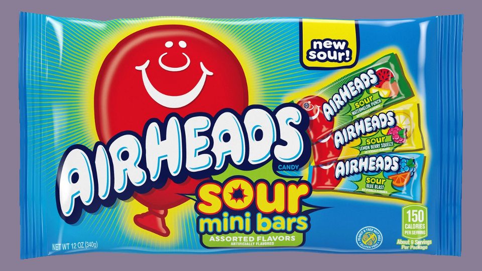 A package of Airheads brand sour candy. It features three flavors, "Watermelon Punch", "Lemon Berry Squeeze", and "Blue Blast".