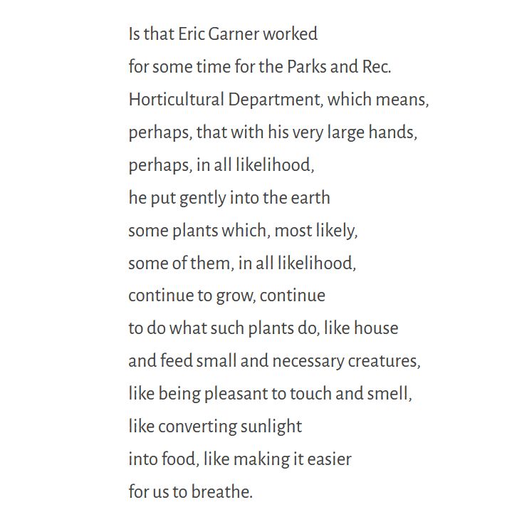 A Small Needful Fact
Is that Eric Garner worked
for some time for the Parks and Rec.
Horticultural Department, which means,
perhaps, that with his very large hands,
perhaps, in all likelihood,
he put gently into the earth
some plants which, most likely,
some of them, in all likelihood,
continue to grow, continue
to do what such plants do, like house
and feed small and necessary creatures,
like being pleasant to touch and smell,
like converting sunlight
into food, like making it easier
for us to breathe.