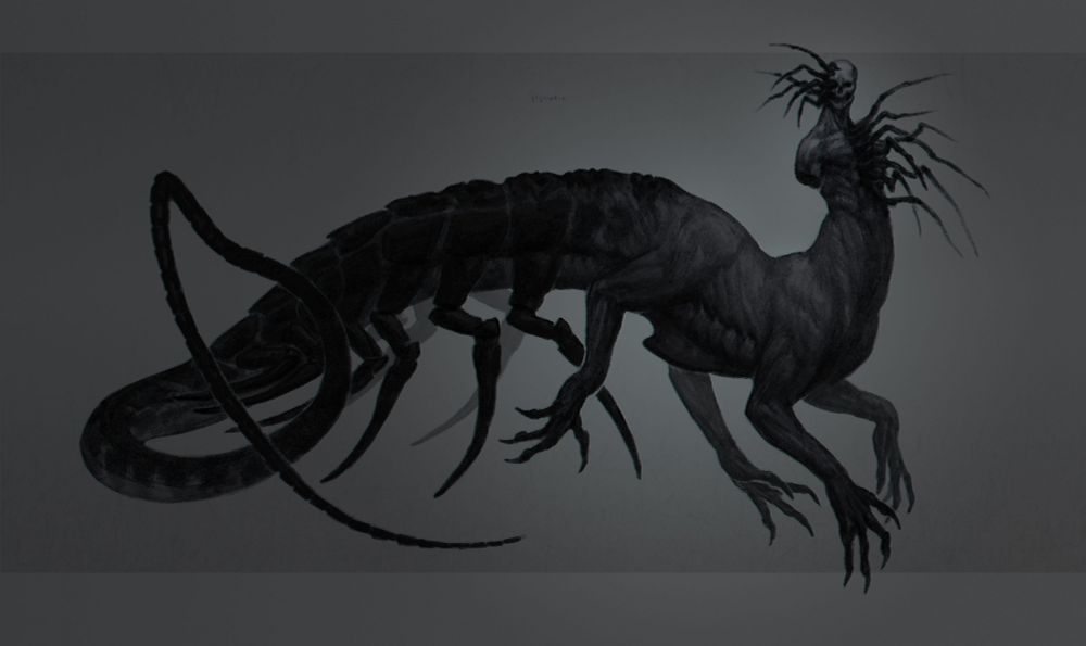 Creature with long "taur" body with 4 hands, black incestoid legs and a long chitin-covered tail. Its upper humanoid body has no hands; lots of bug legs are crawling out of the cracks in its skull and chest.