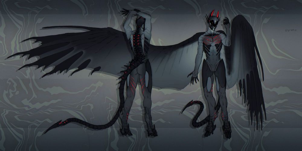 Design of a demon cyborg with large wings and spiky tail.