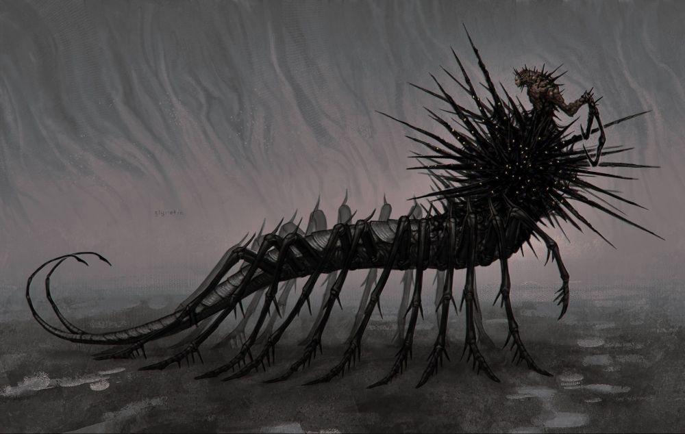 A creature resembling a centipede combined with a massive black sea urchin, from the center of which grows a deformed human torso. Countless eyes and ears are located on the spikes.