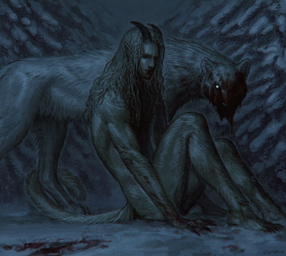 A man with long blonde hair and dark horns sitting on the snow next to a large white-furred animal. Both partly covered in blood.