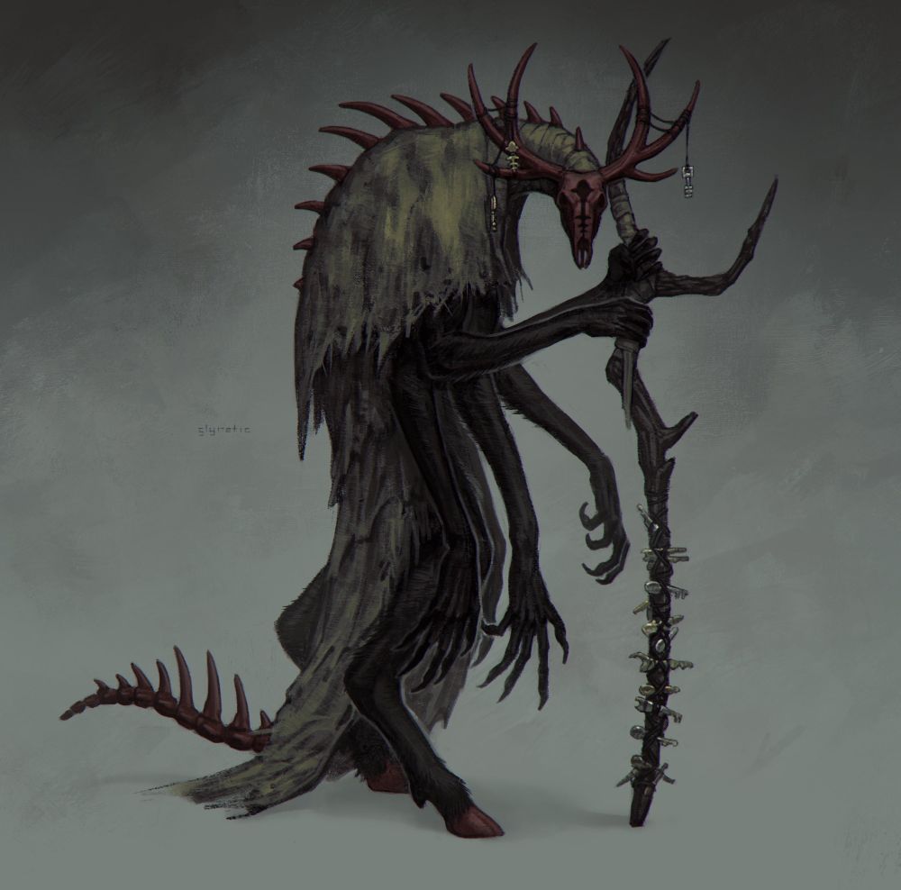 An anthropomorphic deer monster with a red skull head and multiple hands. Metal keys are tied to their antlers and wooden staff.