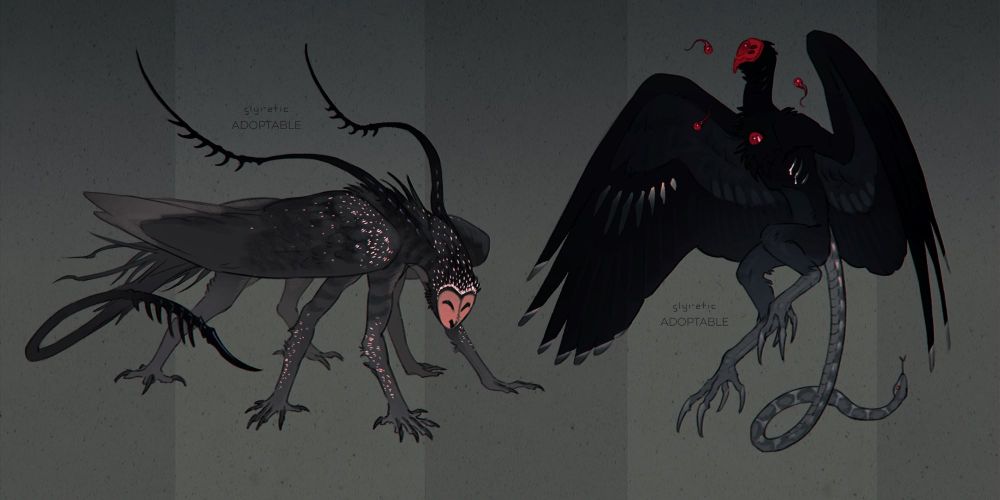 1. Moth Hybrid - a mix between barn owl and moth (kind of)
2. Eye Shaman - a masked bird with a large eye on its chest and smaller eyeballs floating around them