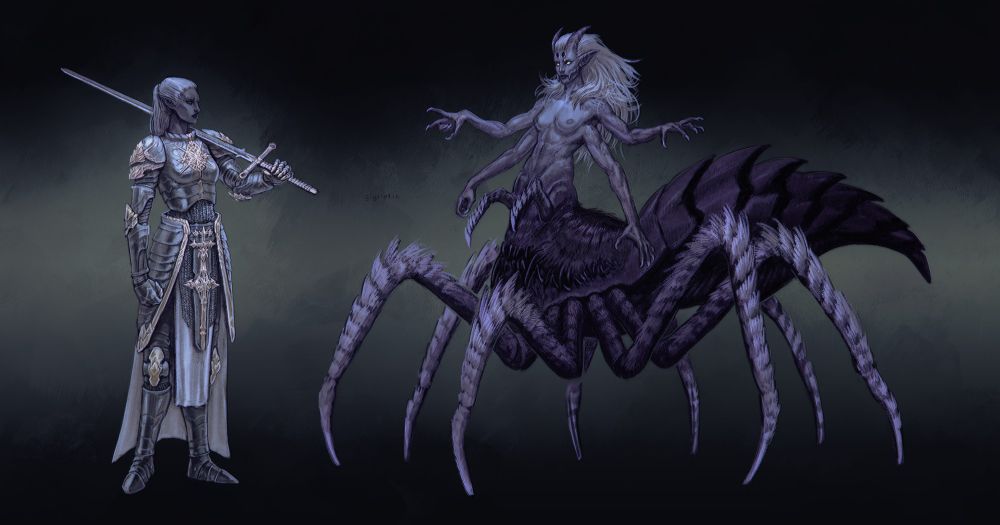 Concept art of a dark elf paladin (left) and her demonic drider alt form (right)