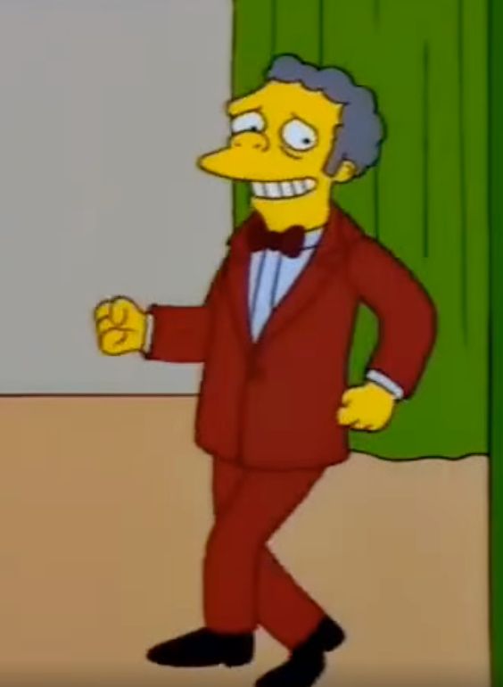 Moe from the Simpsons striding awkwardly across a stage