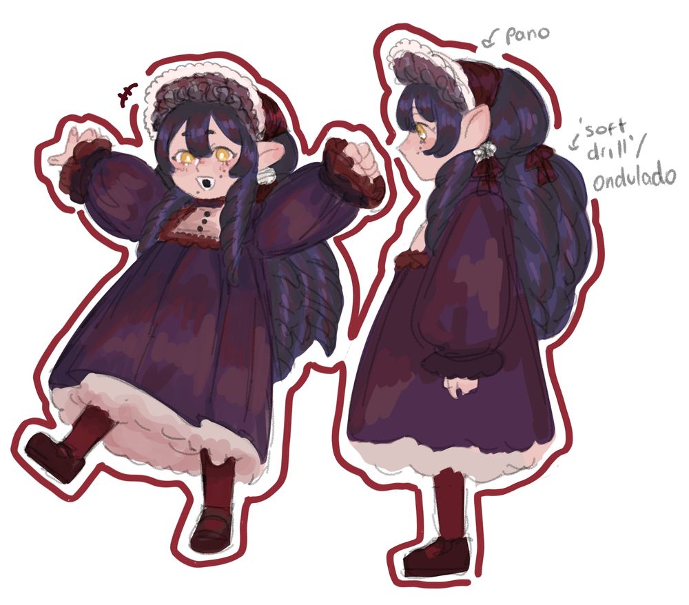 Coloured sketch of a child with long black hair in drills with rosey skin color. She wears a long dark purple with red tones puffy dress with a victorian inspired bonnet and red leggings.