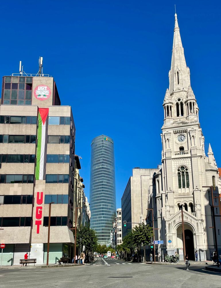 Street photo showing 3 iconic structures in Bilbao, Spain