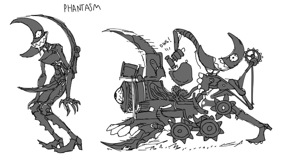 A grey, robotic thin character with a moon shaped head and a crazed expression with spikes and blades on him. He can transform into various things as moves for example a train that extends from his body. He could throw shuriken and stuff also