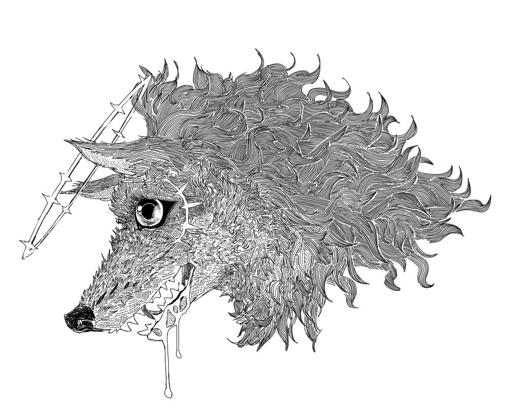 A wolf in profile, with drool dripping from its mouth. It has a halo between its ears and some kinda shine or something radiating from its eye. Rendered in pen and ink style