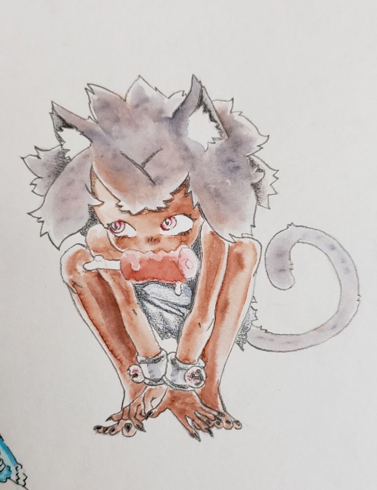 Cat girl with ragged clothing holding a cartoon meat on bone in her mouth 