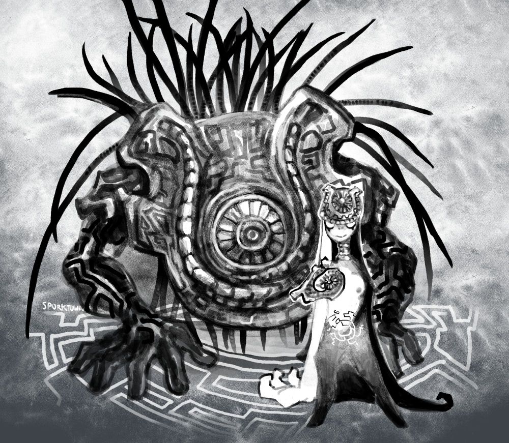 A Twili from Zelda with a shield on their head and a similar hair arm to Midna stands in front of a corrupted Twili beast 