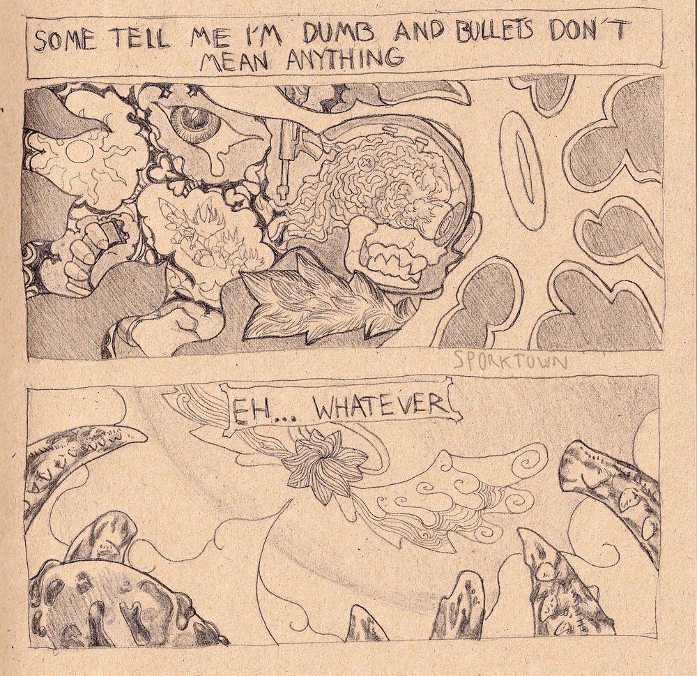 P1: “Some tell me I’m dumb and bullets don’t mean anything” cross section of the girl’s head. Skull brain visible, energy emanantes from her halo in front of her forehead, melding into her brain expanding with images brought on by the bullet
P2: “Eh… Whatever” the mc flies off leaving the ruins of the girl behind