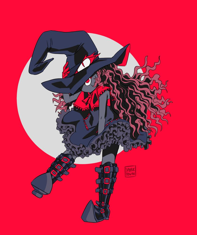 Witch with long wavy hair, knee length boots with large straps and buckles, a large hat with a living eye on it. She wears a large skirt with many frills.