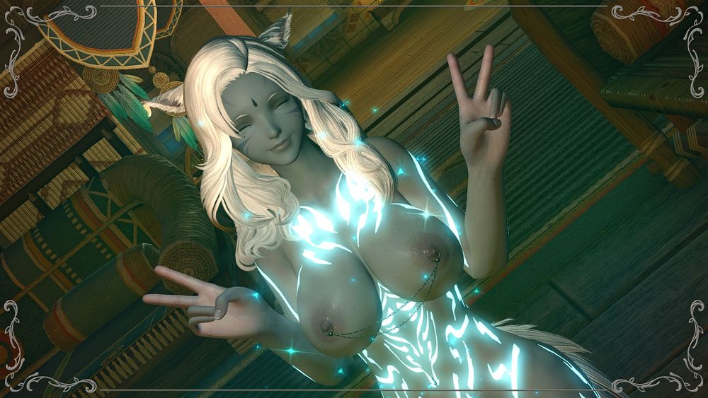 My Final Fantasy 14 character, Khuma, standing naked in her inn room flaunting her large breasts and holding up double peace signs while smiling with her eyes closed. Her body is covered in glowing blue markings, she's surrounded by blue sparkles, and her nipples are both pierced with a chain connecting them.