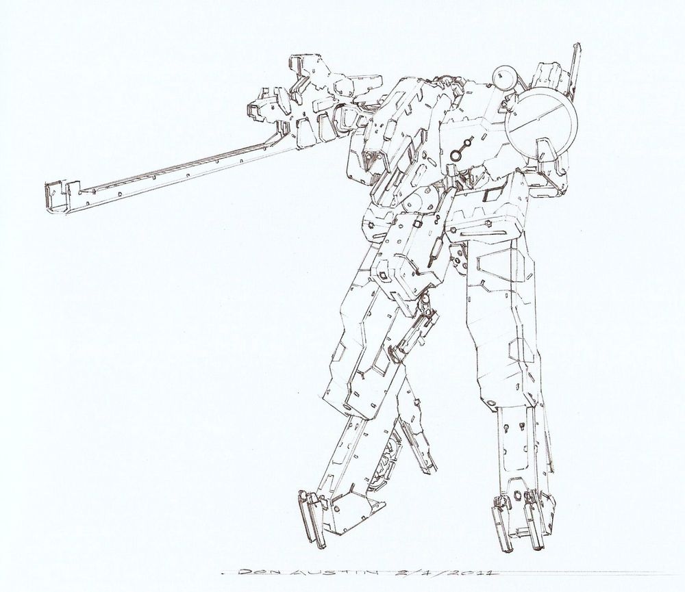 A line-art illustration of my version of a Metal Gear, a walking nuclear equipped mecha 