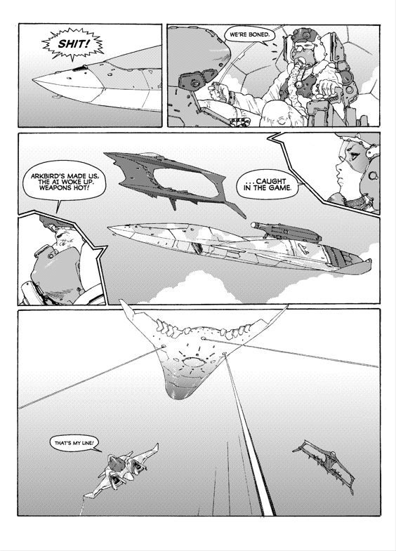 A comic featuring Ace Combat 3 jets. Panel one: nose of the XFA-36A Game jet with word bubble "shit!" 
Panel 2: interior of XFA-36A Game cockpit with pilot word bubble "We're boned."
Panel 3.1: Game Pilot word bubble "Arkbird's made us. the AI woke up. Weapons hot!"
Panel 3.2: Wide angle profile shot of both X-49 Night Raven and XFA-36A Game with a top mounted experimental laser cannon
Panel 3.3: Pilot of the X-49 Nigh Raven word bubble "...caught in the Game" 
Panel 4: Arcbird starts shooting lasers from above in a rotating pattern while the Game jet banks left and the Night Raven banks right word bubble "that's my line" 