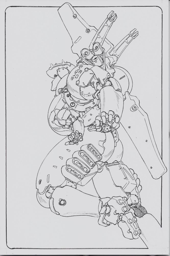 A black and white illustration of a landmate type of mecha 
