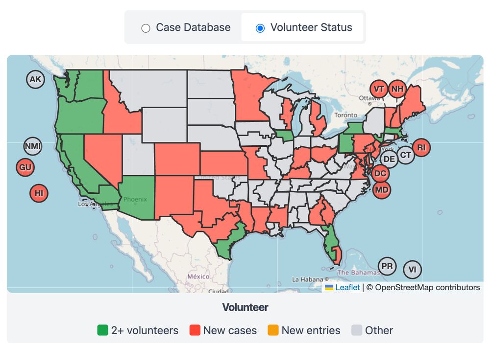 Map of the United States and territories showing volunteer status for the case database. Each state or territory is shaded according to four categories: green for 2 or more volunteers, red for states with new cases, yellow for states with new entries, and gray for all others.

Green (2+ volunteers): Alaska, Washington, Oregon, California, Nevada, Arizona, Texas, Louisiana, Florida, Pennsylvania, New Jersey, Delaware, Massachusetts.

Red (New cases): Montana, Idaho, Wyoming, Colorado, New Mexico, Oklahoma, Arkansas, Mississippi, Alabama, Georgia, South Carolina, Minnesota, Iowa, Missouri, Indiana, Kentucky, Maine, New Hampshire, Vermont, New York, Rhode Island, Maryland, Washington D.C., Hawaii, Guam.

Yellow (New entries): None.

Gray (Other): North Dakota, South Dakota, Nebraska, Kansas, West Virginia, Virginia, North Carolina, Tennessee, Illinois, Michigan, Wisconsin, Northern Mariana Islands, Puerto Rico, U.S. Virgin Islands.

Geographic patterns: Green states are concentrated on the West Coast, in parts of the South, and a few in the Northeast. Red states are scattered across the West, Midwest, South, and much of the Northeast. Gray states are dispersed across the Midwest, South, and territories.