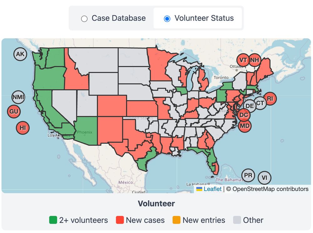 A choropleth map of the United States, including territories, showing volunteer status by state. States are shaded in different colors: green for states with 2 or more volunteers, red for states with new cases, orange for states with new entries, and gray for other states with no recent activity. Many western states such as California, Washington, and Arizona are shaded green, indicating 2 or more volunteers. Several central and southern states such as Texas, Oklahoma, and Florida are shaded red, indicating new cases. A number of states in the Midwest and Northeast are also red. Some states remain gray with no recent updates. Territories such as Guam and Hawaii are included, shaded red. At the top, the toggle shows 'Volunteer Status' selected, with 'Case Database' as the alternative option. A legend at the bottom explains the colors used.