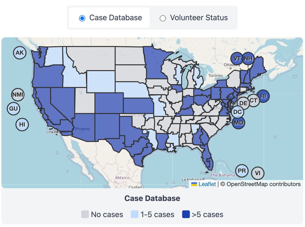 A choropleth map of the United States, including territories, showing the number of cases by state. States shaded in light gray indicate no cases, light blue indicates 1–5 cases, and dark blue indicates more than 5 cases. Most states on the East Coast, South, and West Coast are shaded dark blue, indicating more than 5 cases. Some states in the Midwest and Mountain West are shaded light blue, indicating 1–5 cases, while a few states are gray with no cases reported. Territories such as Puerto Rico, Guam, and the U.S. Virgin Islands are included. A toggle at the top shows 'Case Database' selected, with 'Volunteer Status' as an alternative option. A legend at the bottom explains the color coding.